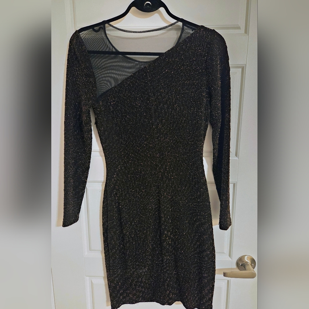 Reiss US 6 Black Sparkle Stretchy Fitted Bodycon Long Sleeve Short Evening Dress